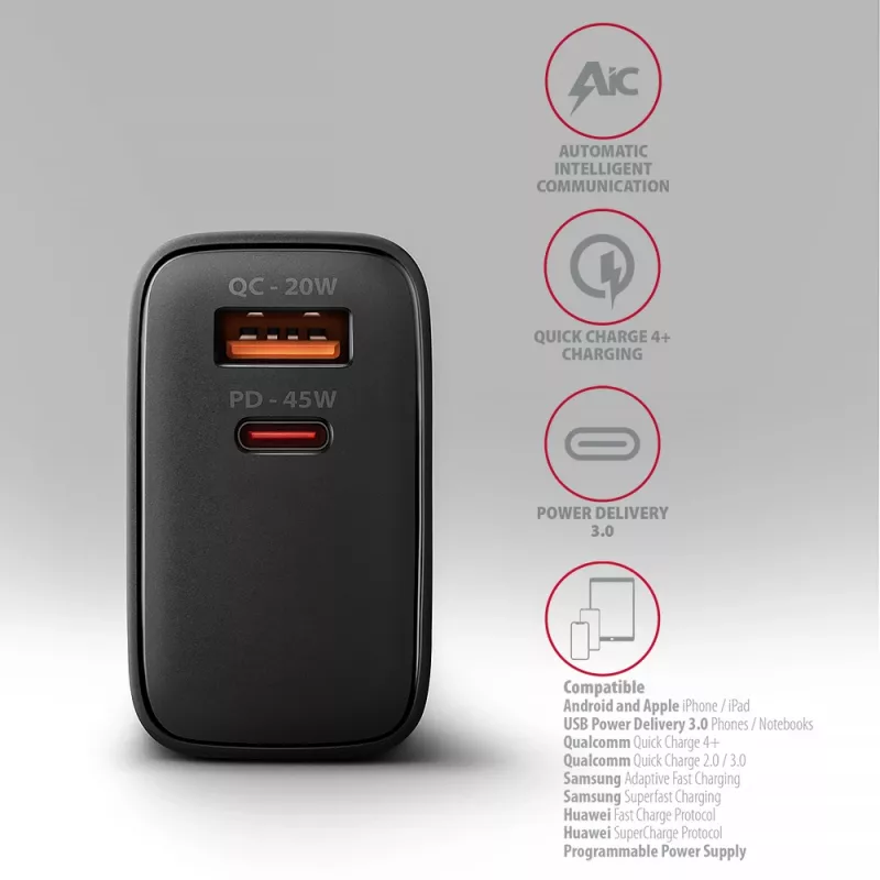 Carregador Axagon ACU-PQ45 QC 3.0 4.0 AFC FCP PPS PD 45W preto