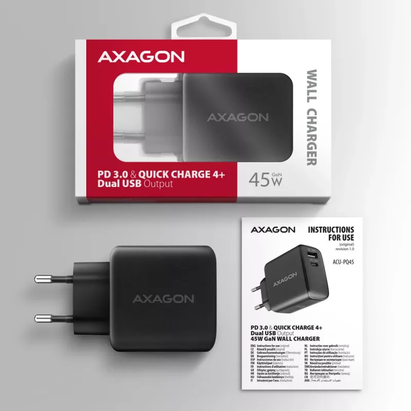 Carregador Axagon ACU-PQ45 QC 3.0 4.0 AFC FCP PPS PD 45W preto