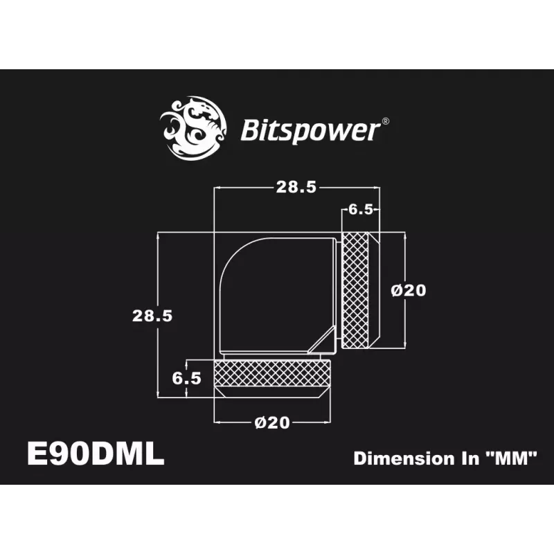 Cotovelo de compressão BitsPower carbono preto BP-CBE90DML — fitting de latão 90°, aspeto carbono preto, 1 unid.