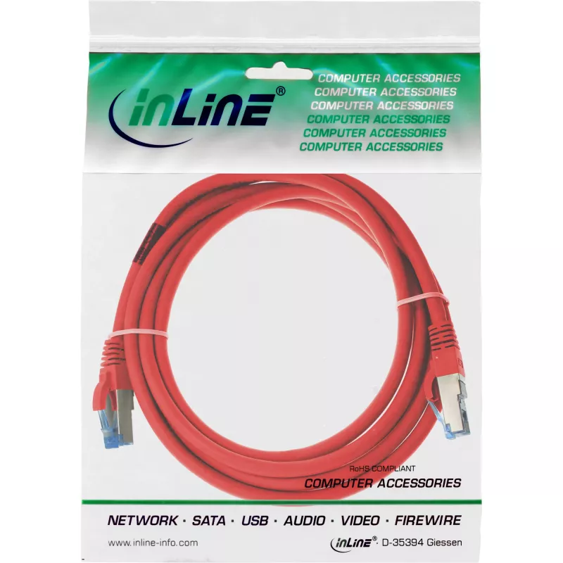 Cabo de rede InLine S/FTP PiMF Cat.6A sem halogéneos 500MHz vermelho 1,5m