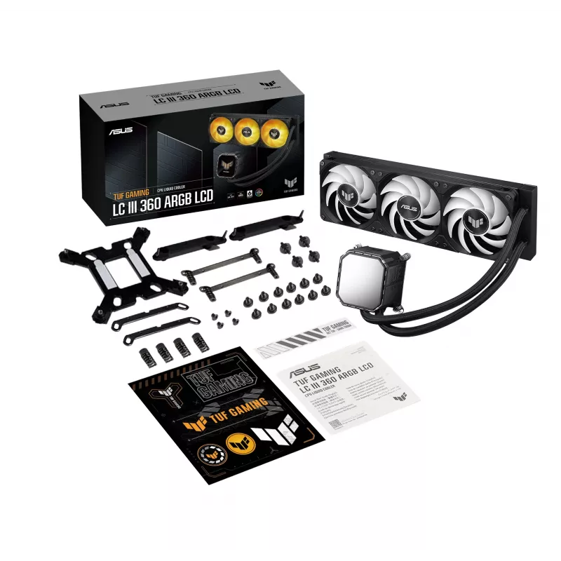 Refrigeração líquida All-in-One ASUS TUF Gaming LC III 360 ARGB LCD — radiador de 360 mm, 3x ventoinhas de 120 mm, socket AM5/AM4/LGA1700/LGA1200, Preto