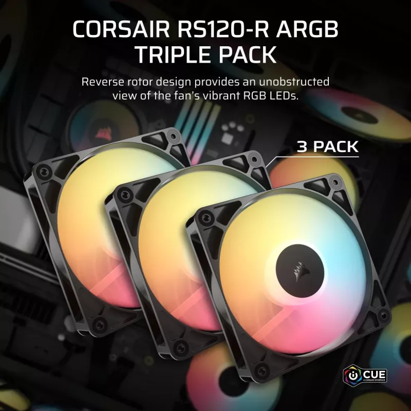 Ventoinha de refrigeração CORSAIR RS120-R ARGB 120mm 3-Pack, 120 mm, iluminação ARGB, 3 ventoinhas