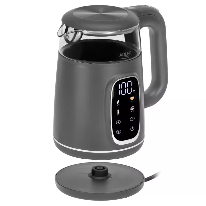 Fervedor elétrico Adler AD 1305 G — 1,7 L, 2200 W, termostato regulável, visor LED, cinzento
