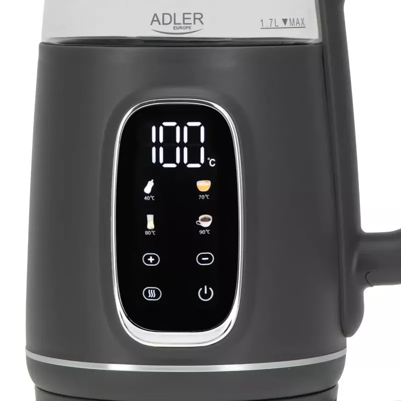Fervedor elétrico Adler AD 1305 G — 1,7 L, 2200 W, termostato regulável, visor LED, cinzento