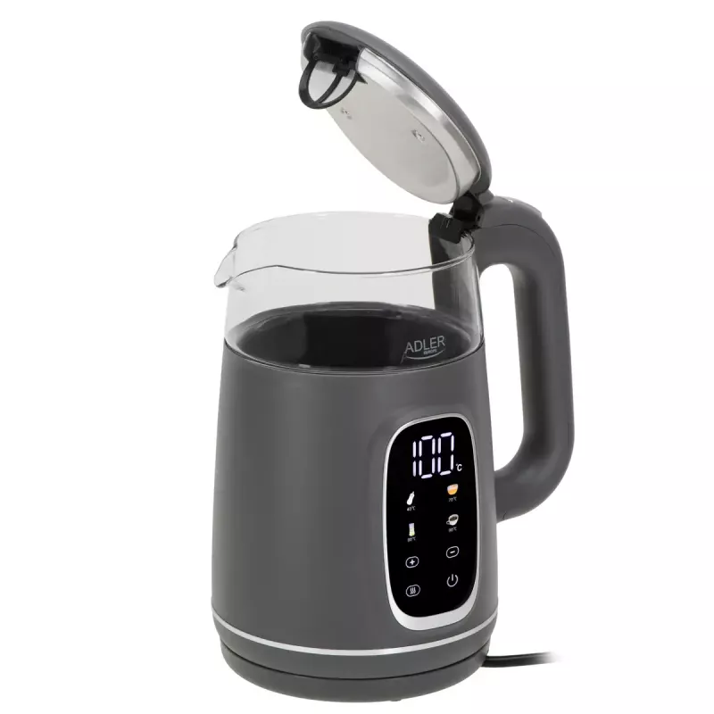 Fervedor elétrico Adler AD 1305 G — 1,7 L, 2200 W, termostato regulável, visor LED, cinzento