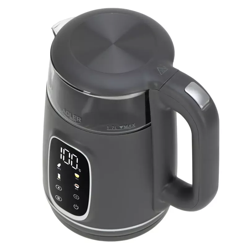 Fervedor elétrico Adler AD 1305 G — 1,7 L, 2200 W, termostato regulável, visor LED, cinzento
