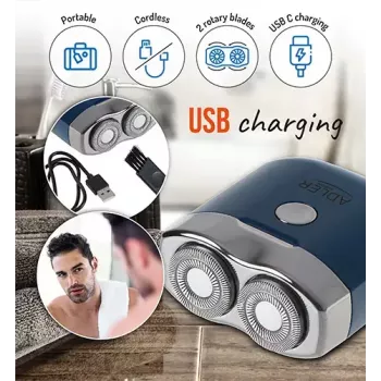 Máquina de barbear rotativa Adler AD 2937, 2 cabeças rotativas, bateria de iões de lítio recarregável 250 mAh, lavável, sem fios, azul