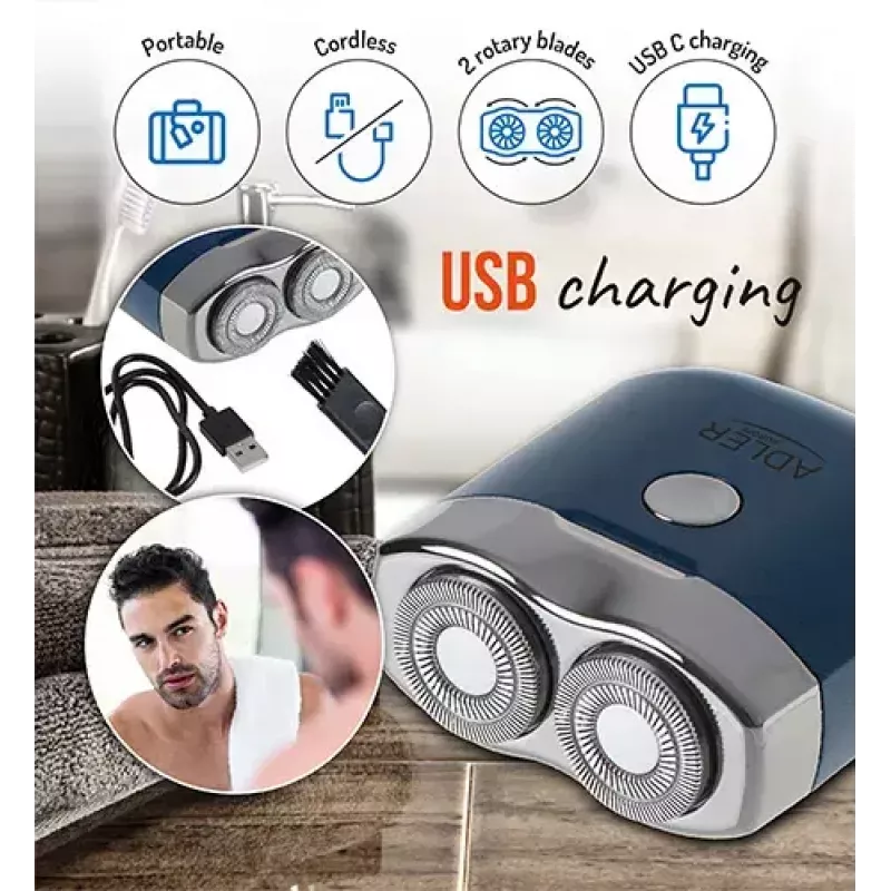 Máquina de barbear rotativa Adler AD 2937, 2 cabeças rotativas, bateria de iões de lítio recarregável 250 mAh, lavável, sem fios, azul