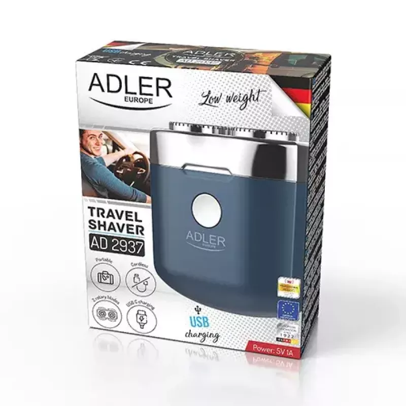 Máquina de barbear rotativa Adler AD 2937, 2 cabeças rotativas, bateria de iões de lítio recarregável 250 mAh, lavável, sem fios, azul