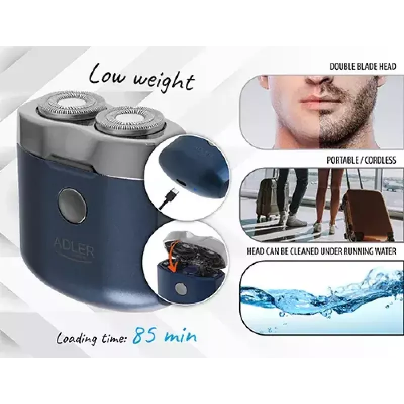 Máquina de barbear rotativa Adler AD 2937, 2 cabeças rotativas, bateria de iões de lítio recarregável 250 mAh, lavável, sem fios, azul