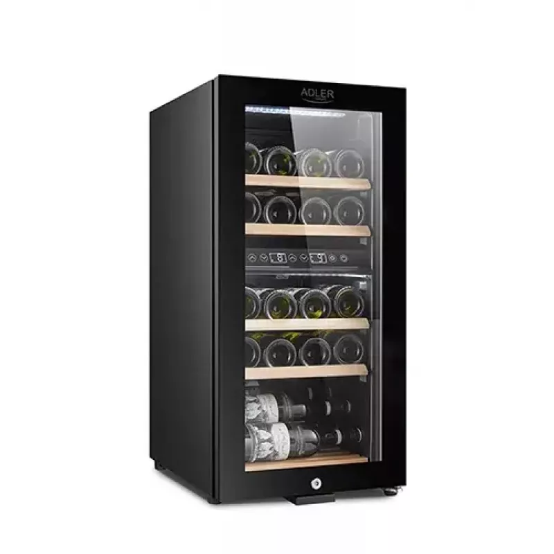 Garrafa térmica elétrica para vinho Adler AD 8080, instalação livre preta, 24 garrafas, 2 zonas, 60 L, controlo tátil