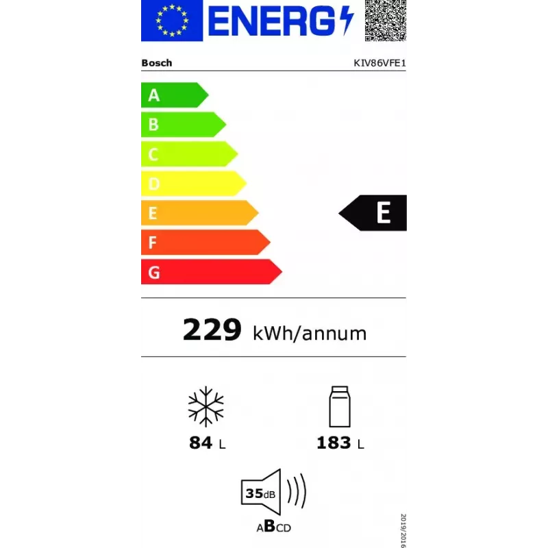 Combinado frigorífico-congelador de encastrar Bosch Serie 4 KIV86VFE1 — 267 l de volume total (183 l de refrigeração / 84 l de congelação), congelador na base, branco