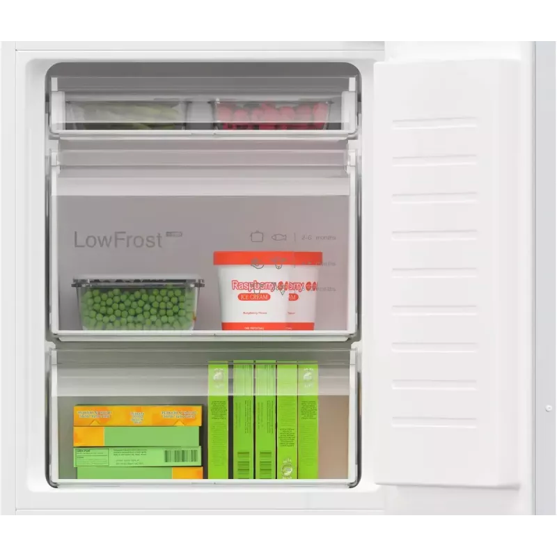 Combinado frigorífico-congelador de encastrar Bosch Serie 4 KIV86VFE1 — 267 l de volume total (183 l de refrigeração / 84 l de congelação), congelador na base, branco