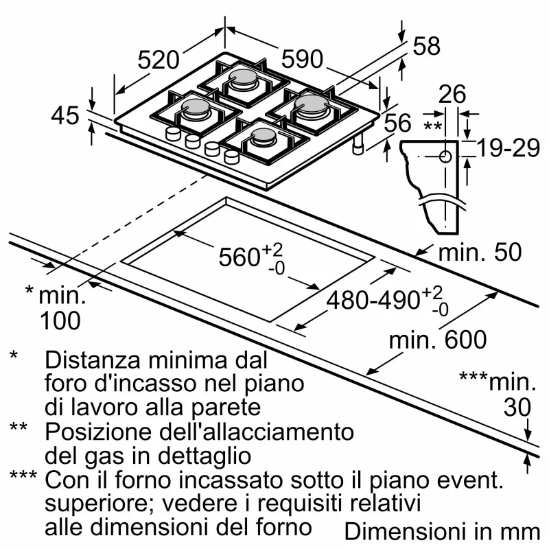 Placa Bosch Serie 4 PNP6B6K40 preta de encastrar 60 cm a gás 4 zona(s)