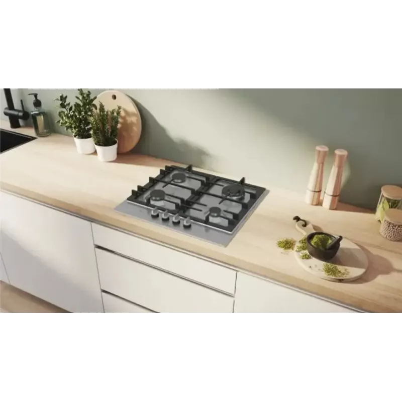 Placa de gás de encastrar Bosch PCH6A5I90 — 60 cm, aço inoxidável, 4 zonas de gás + 1 wok, Flame Select, grelhas de ferro fundido