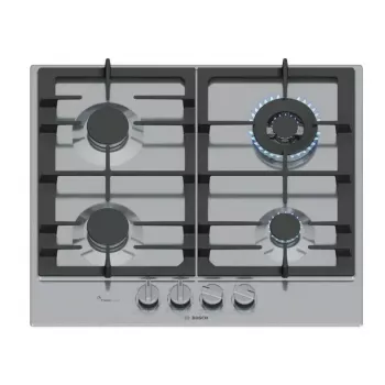 Placa de gás de encastrar Bosch PCH6A5I90 — 60 cm, aço inoxidável, 4 zonas de gás + 1 wok, Flame Select, grelhas de ferro fundido