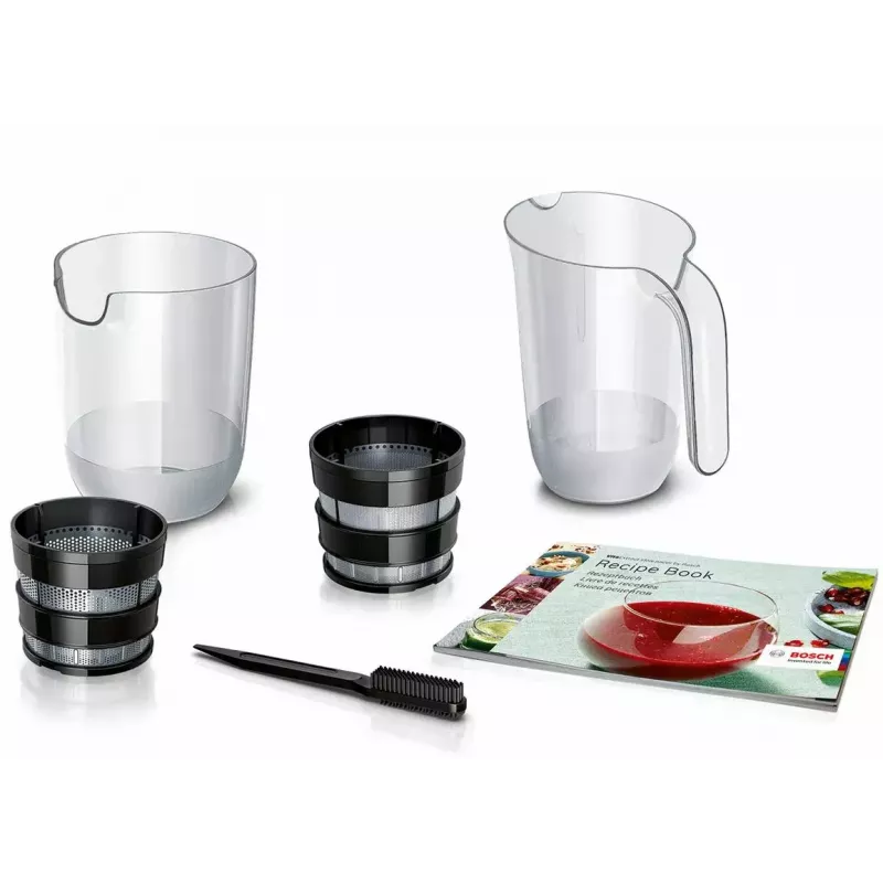 Extrator de sumo lento Bosch MESM500W — motor de 150 W, recipiente de sumo de 1 L, compacto 152×152×427 mm, branco/preto