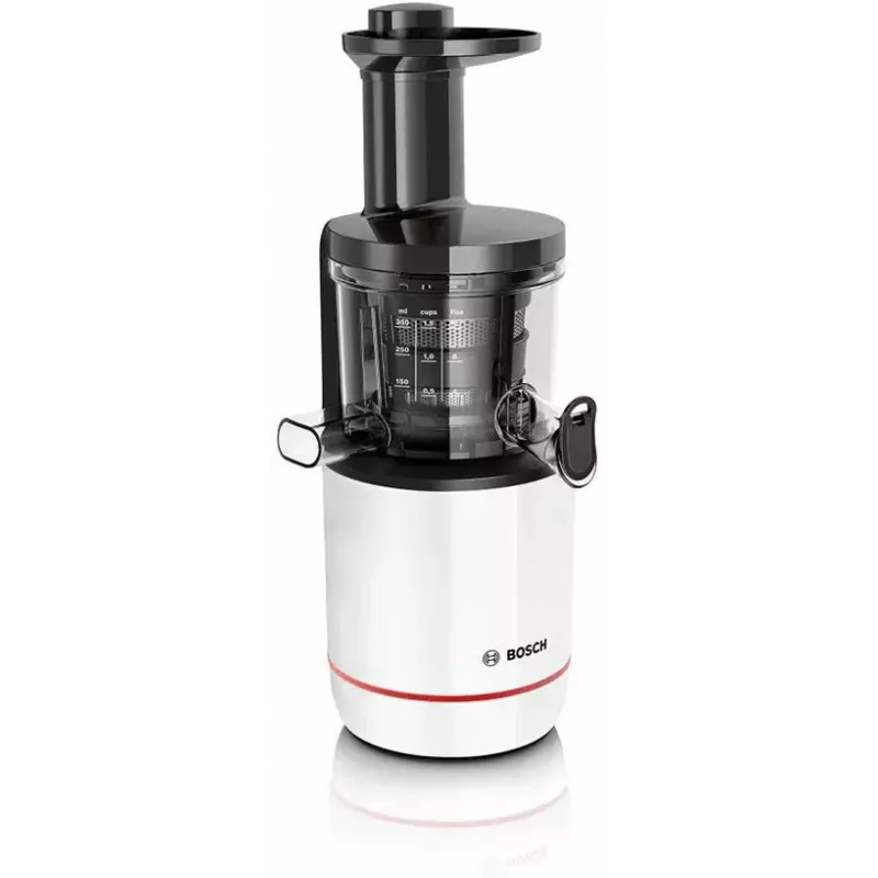 Extrator de sumo lento Bosch MESM500W — motor de 150 W, recipiente de sumo de 1 L, compacto 152×152×427 mm, branco/preto
