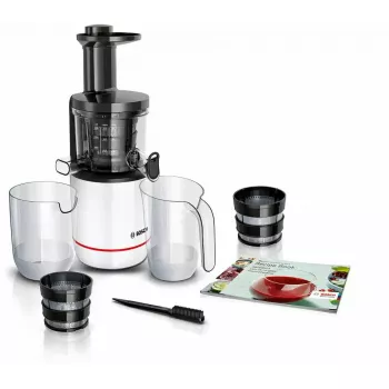 Extrator de sumo lento Bosch MESM500W — motor de 150 W, recipiente de sumo de 1 L, compacto 152×152×427 mm, branco/preto