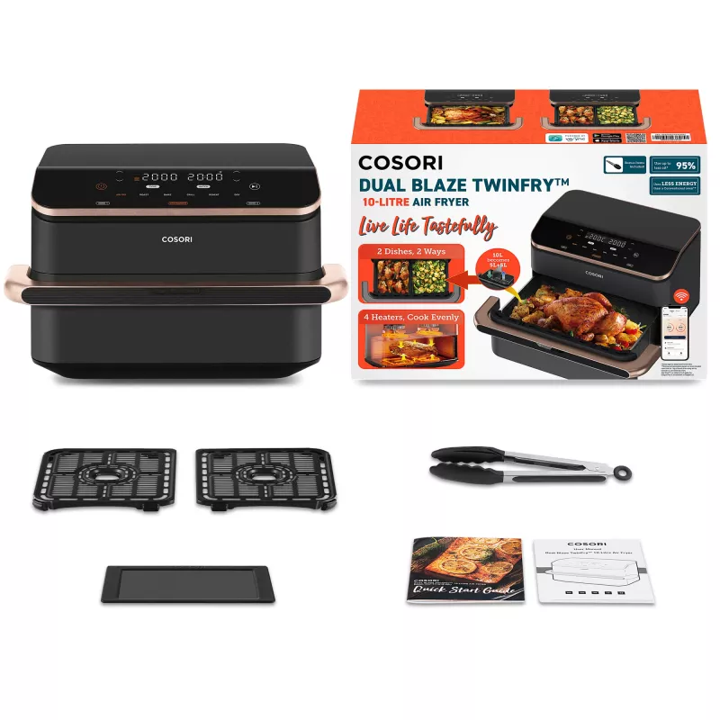 Cosori Dual Blaze Twinfry Chef Edition Fritadeira de ar quente dupla 10 L de instalação livre 2800 W cinzento-escuro, rosa-ouro