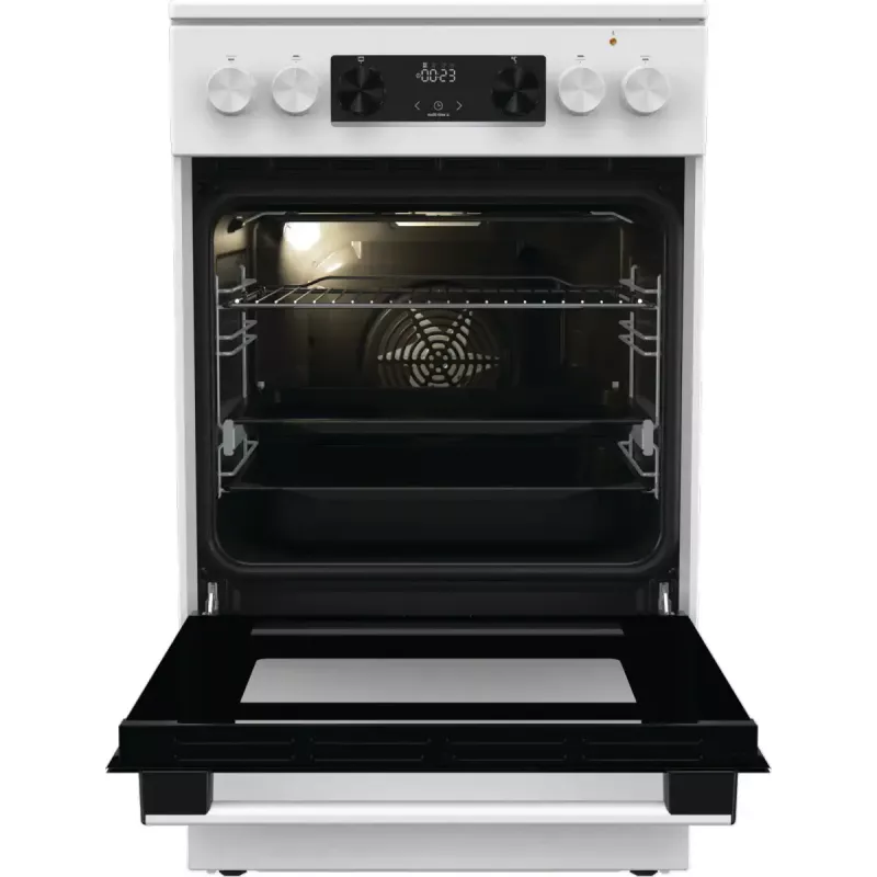 Fogão independente Gorenje GECS5C70WA placa elétrica com placas espirais, 4 zonas, branco, forno 70 L, botões rotativos, visor LED