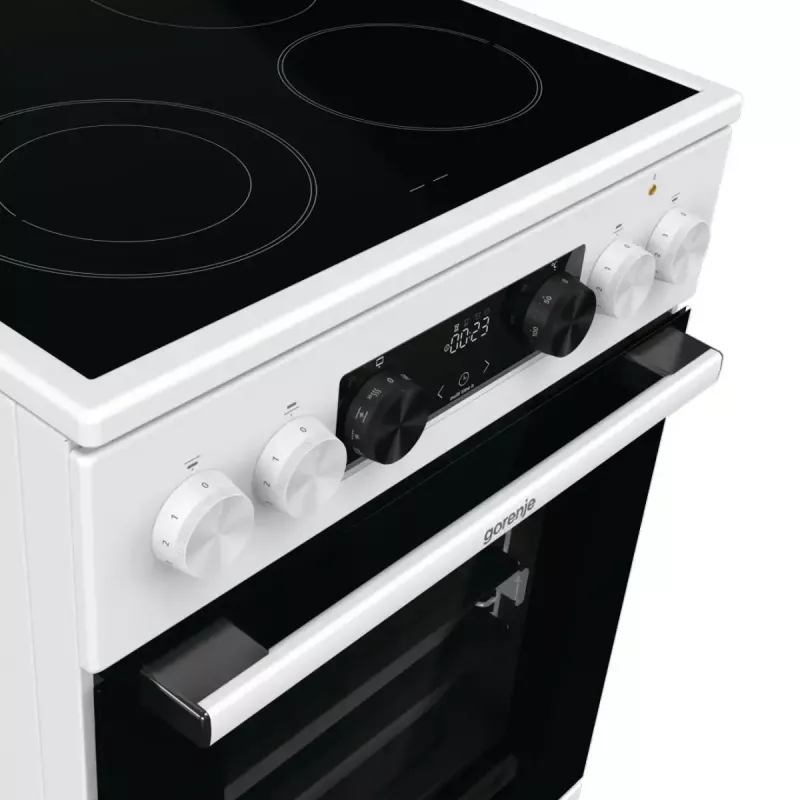 Fogão independente Gorenje GECS5C70WA placa elétrica com placas espirais, 4 zonas, branco, forno 70 L, botões rotativos, visor LED
