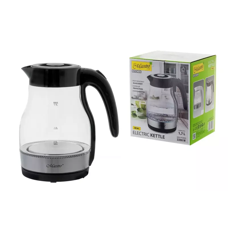 Maestro MR-061 chaleira elétrica, de vidro, 2200 W, preta