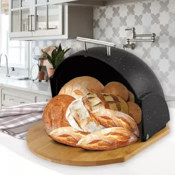 Caixa de pão Maestro MR-1678G-Preto – recipiente oval para guardar pão, plástico com tampa em bambu, 350×200×250 mm