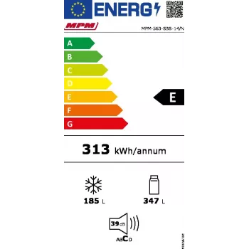 Frigorífico side-by-side MPM MPM-563-SBS-14/N — 532 L de capacidade total, 347 L de refrigeração, 185 L de congelação, aço inoxidável