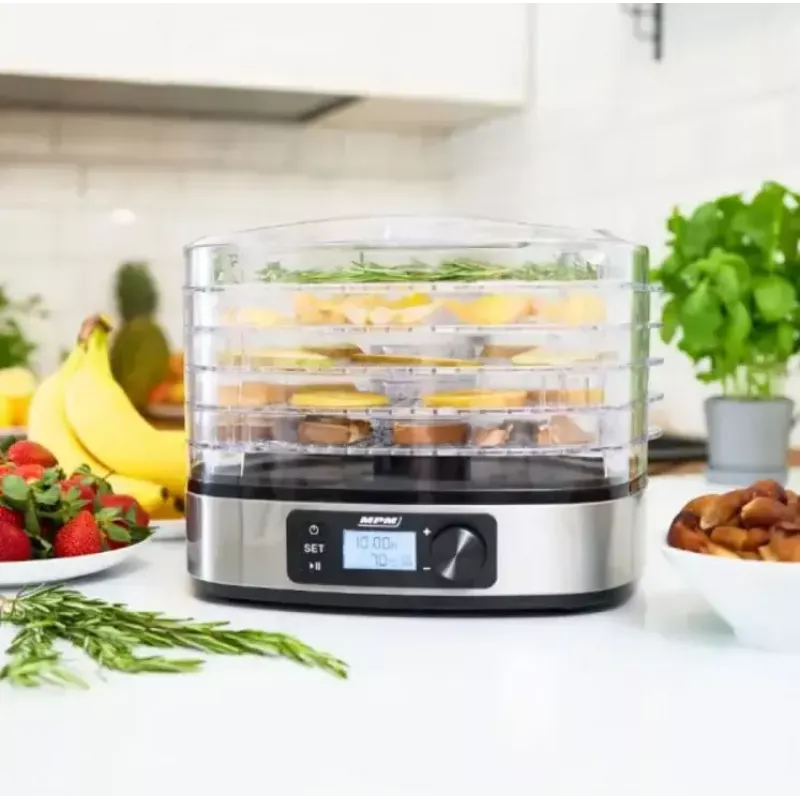 MPM MSG-12 desidratador de alimentos, 5 tabuleiros, 380 W, 35–75 °C, temporizador de 0,5–36 h, caixa em aço inoxidável
