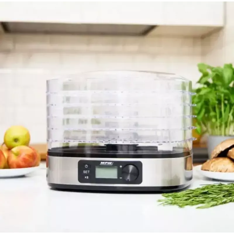 MPM MSG-12 desidratador de alimentos, 5 tabuleiros, 380 W, 35–75 °C, temporizador de 0,5–36 h, caixa em aço inoxidável