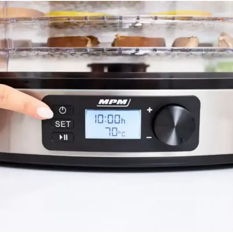 MPM MSG-12 desidratador de alimentos, 5 tabuleiros, 380 W, 35–75 °C, temporizador de 0,5–36 h, caixa em aço inoxidável