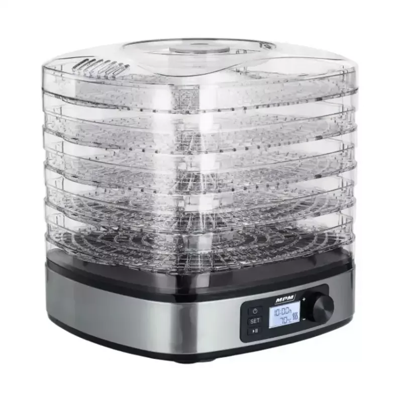 MPM MSG-12 desidratador de alimentos, 5 tabuleiros, 380 W, 35–75 °C, temporizador de 0,5–36 h, caixa em aço inoxidável