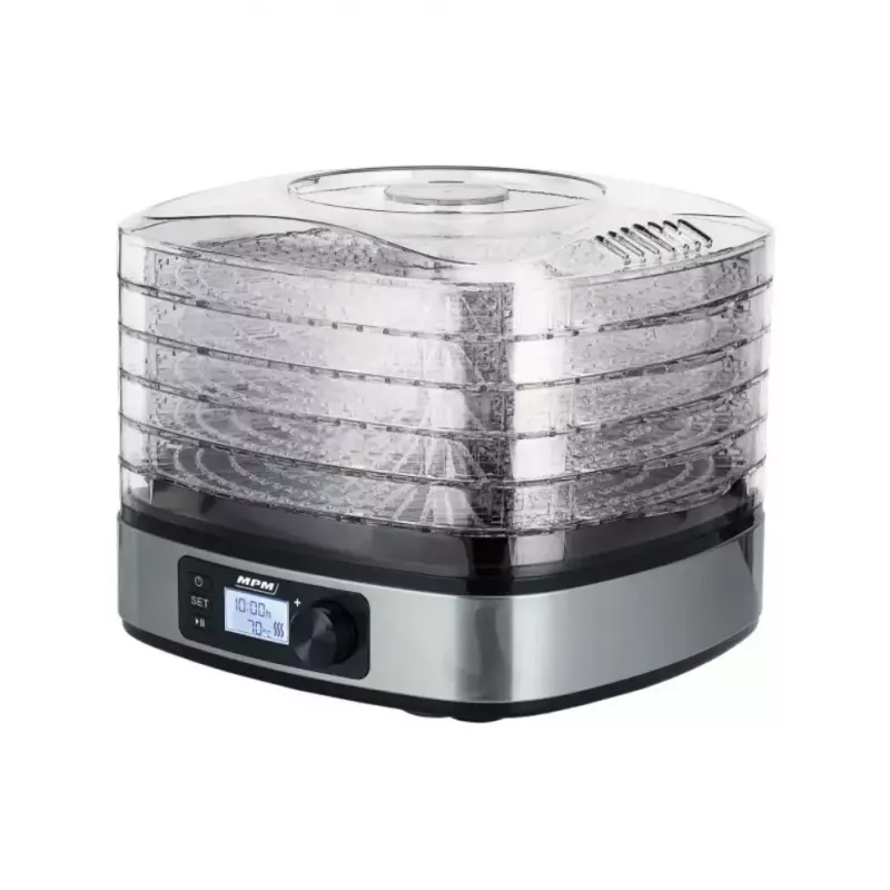 MPM MSG-12 desidratador de alimentos, 5 tabuleiros, 380 W, 35–75 °C, temporizador de 0,5–36 h, caixa em aço inoxidável
