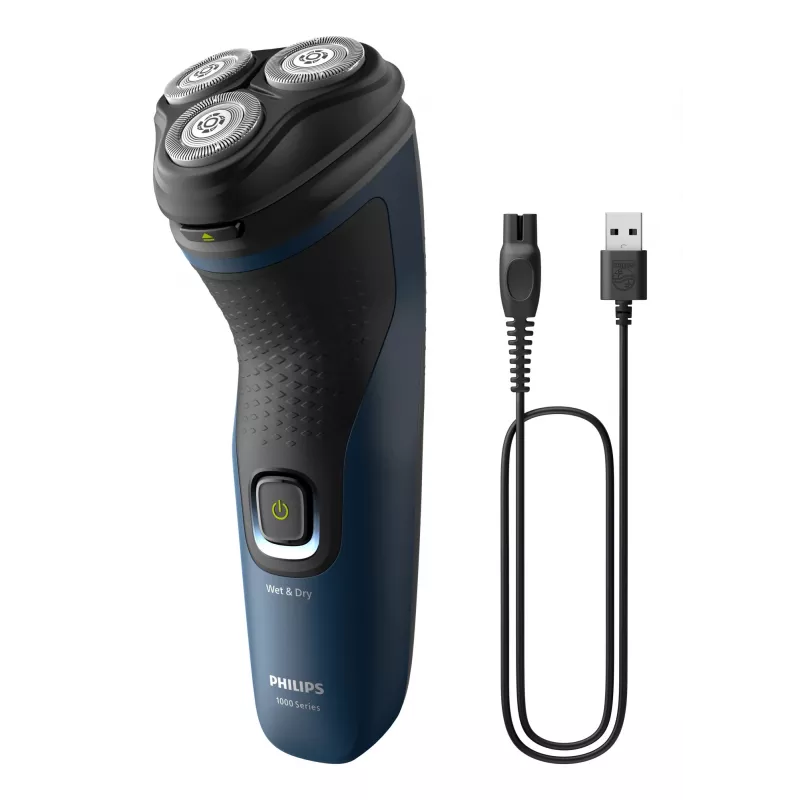 Máquina de barbear elétrica para homem Philips S1151/00 rotação 3 cabeças, bateria NiMH, húmida e a seco, 40 min de autonomia, preto/azul