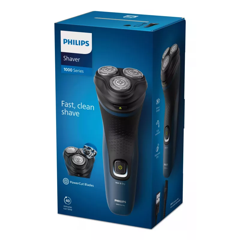 Máquina de barbear elétrica para homem Philips S1151/00 rotação 3 cabeças, bateria NiMH, húmida e a seco, 40 min de autonomia, preto/azul