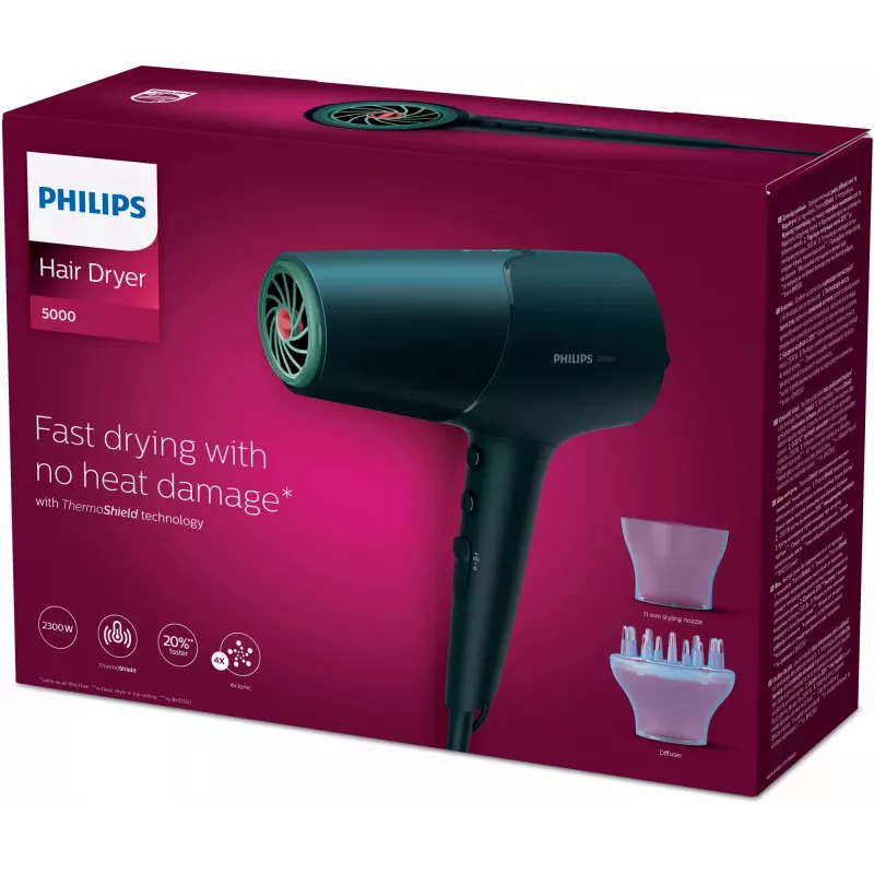Secador de cabelo Philips BHD512/00 2300 W, 6 níveis de calor/velocidade, iónico, difusor e concentrador, azul-marinho