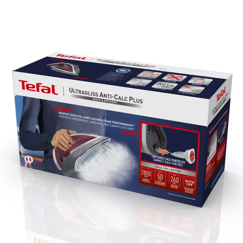 Ferro de engomar a vapor Tefal Ultragliss Anti-Calc Plus FV6840, 2800 W, roxo, prateado