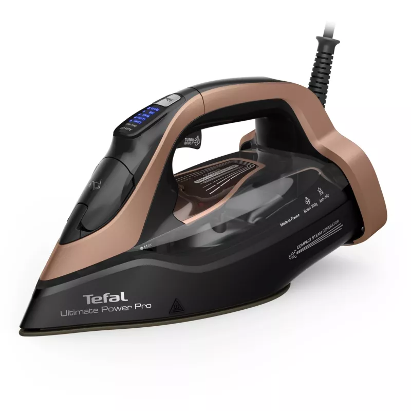 Ferro de engomar a seco e a vapor Tefal Ultimate Power Pro FV9E50 base Durilium AirGlide Autoclean 3200 W preto, cobre