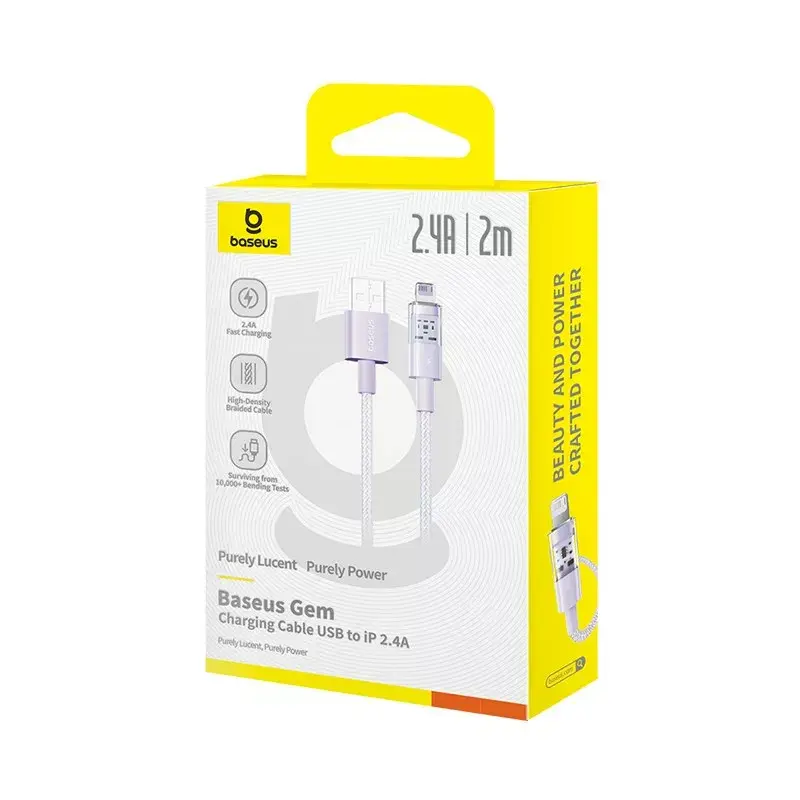 Cabo de carregamento USB Baseus Gem P10373003511-01 — 2 m, 2,4 A, USB-A para Lightning, violeta