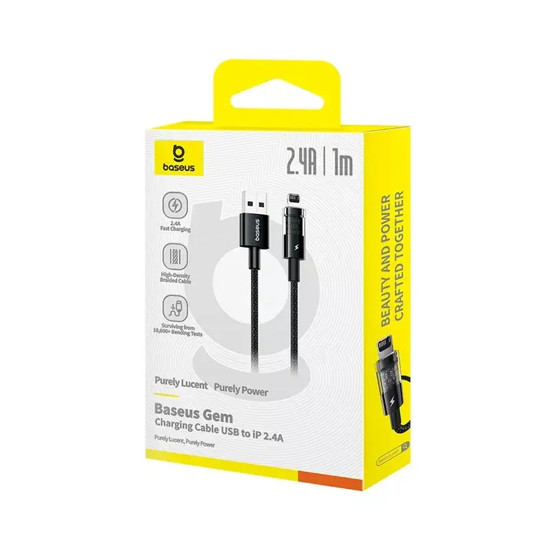 Cabo de carregamento USB Baseus Gem P10373003111-00, 1 m, 2,4 A, revestimento em nylon, Lightning, USB-A, preto
