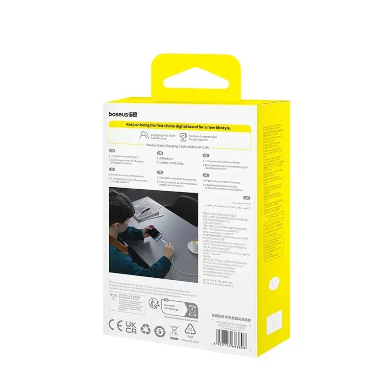 Cabo de carregamento USB Baseus Gem P10373003211-00, 1 m, 2,4 A, Lightning/USB-A, branco, revestimento em nylon