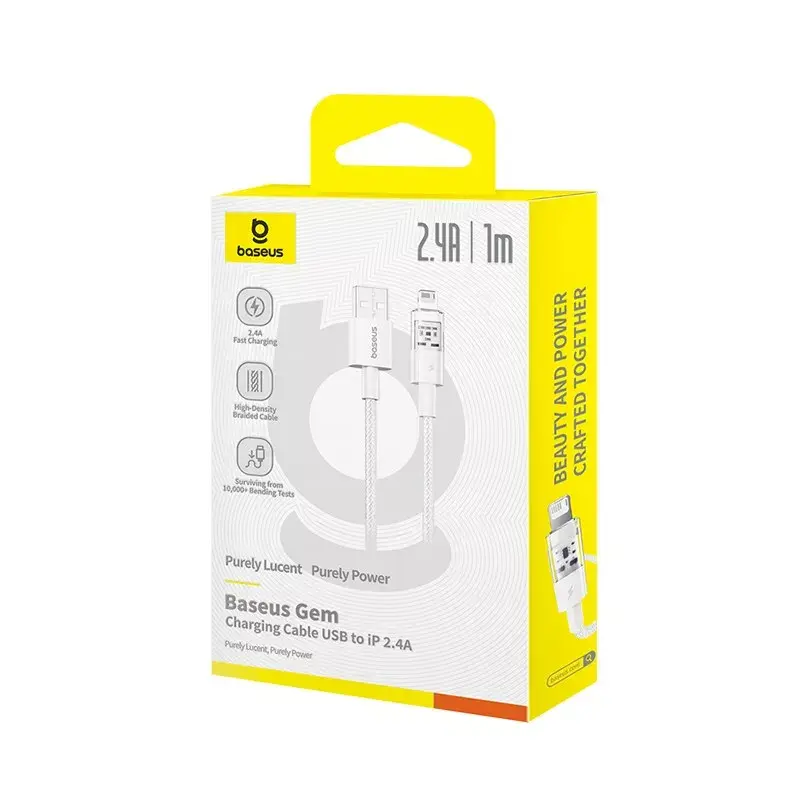 Cabo de carregamento USB Baseus Gem P10373003211-00, 1 m, 2,4 A, Lightning/USB-A, branco, revestimento em nylon