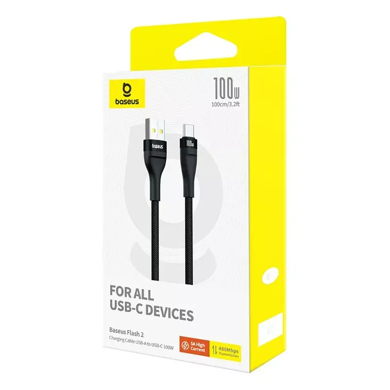 Cabo USB-A para USB-C Baseus Flash 2 1m 100W Preto, USB PD, 480 Mbit/s, nylon