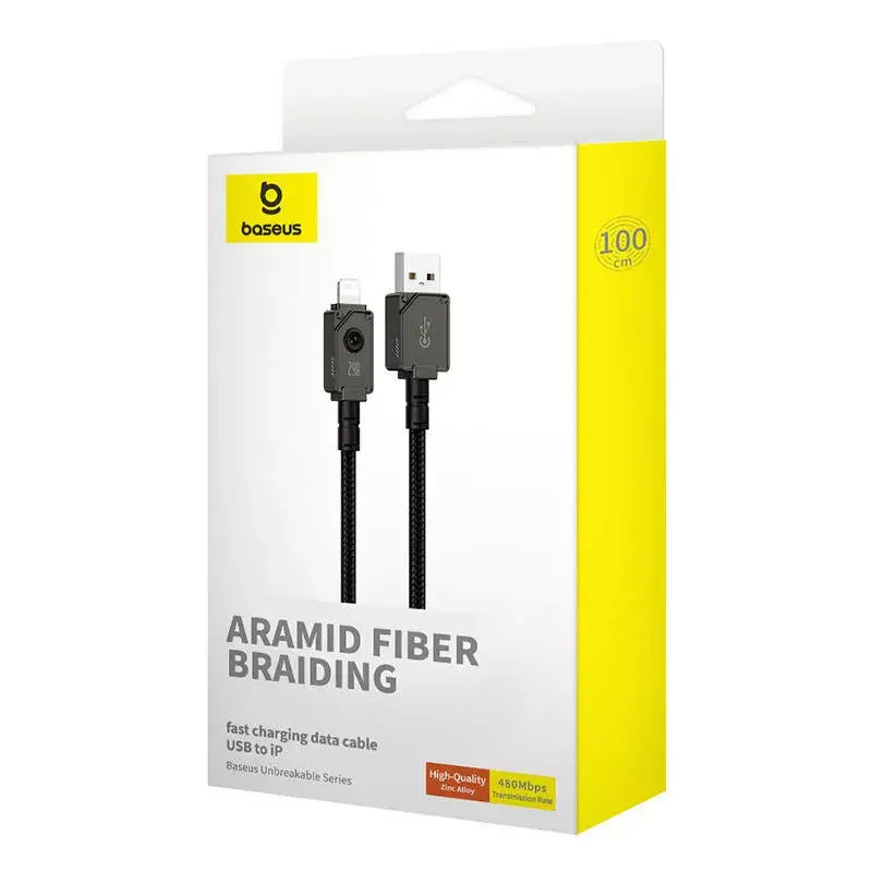 Cabo USB-A para Lightning Baseus P10355802111-00 — 1 m, 5V/2.4A, USB PD, fibra aramida, Preto
