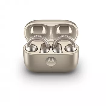 Headset Motorola Moto Buds Loop Bluetooth Ear-Clip-On binaural, Dolby Atmos, Bluetooth 5.0, ANC, 8 h de reprodução, estojo de carregamento 520 mAh, bege