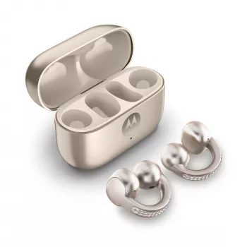 Headset Motorola Moto Buds Loop Bluetooth Ear-Clip-On binaural, Dolby Atmos, Bluetooth 5.0, ANC, 8 h de reprodução, estojo de carregamento 520 mAh, bege