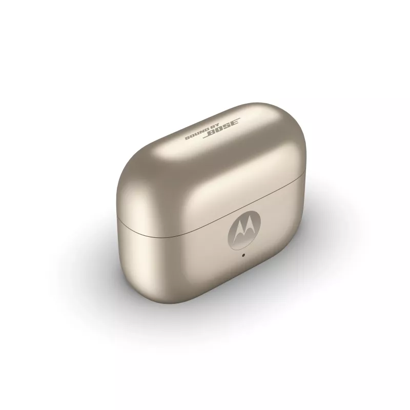 Headset Motorola Moto Buds Loop Bluetooth Ear-Clip-On binaural, Dolby Atmos, Bluetooth 5.0, ANC, 8 h de reprodução, estojo de carregamento 520 mAh, bege