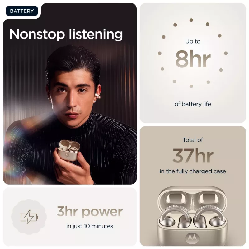 Headset Motorola Moto Buds Loop Bluetooth Ear-Clip-On binaural, Dolby Atmos, Bluetooth 5.0, ANC, 8 h de reprodução, estojo de carregamento 520 mAh, bege