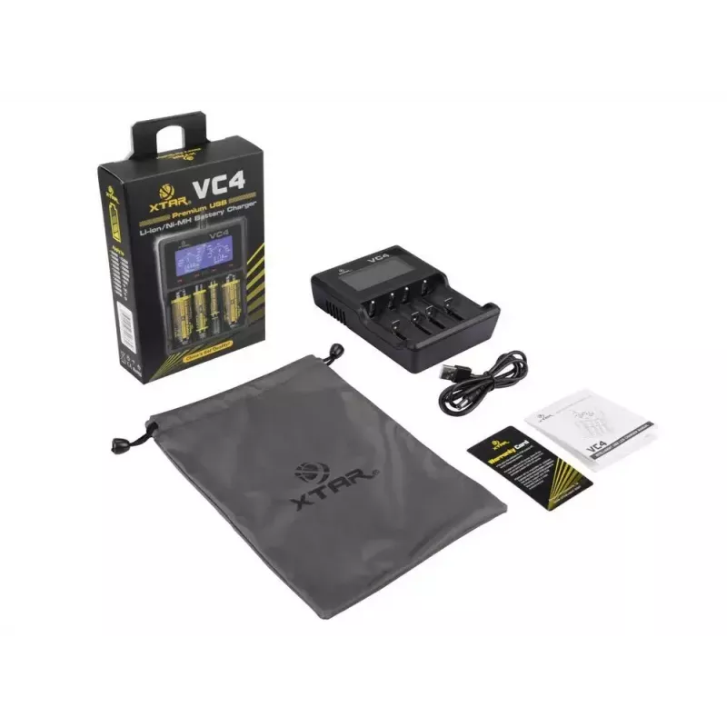 Carregador XTAR VC4SL para células Li-Ion, Ni-MH, Ni-Cd – 4 baías, alimentação DC, compatível com 18650 e outras pilhas cilíndricas, preto